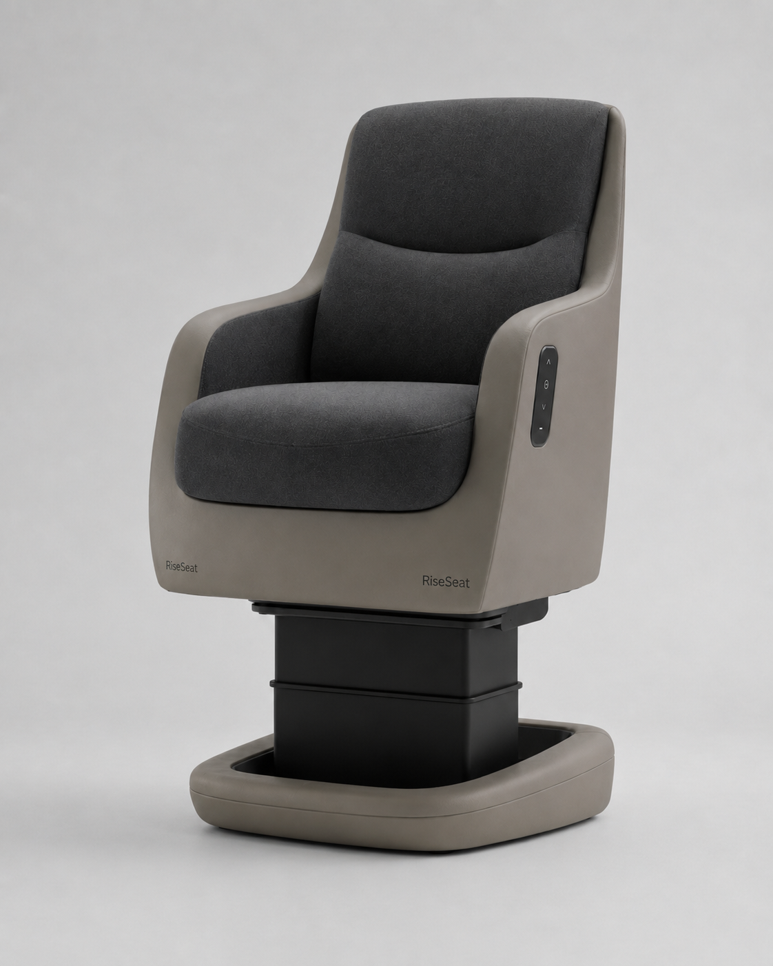 RiseSeat RS3 en posición alta, con el módulo central de elevación visible sobre la base.