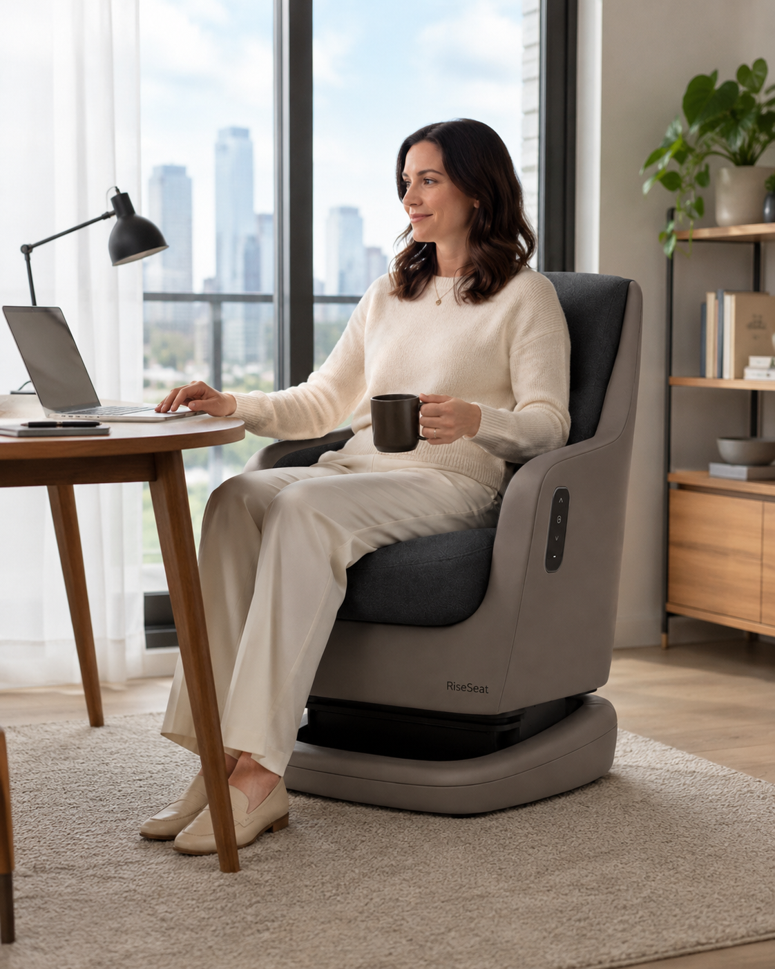 Persona utilizando RiseSeat RS3 junto a una mesa de trabajo en un interior luminoso.