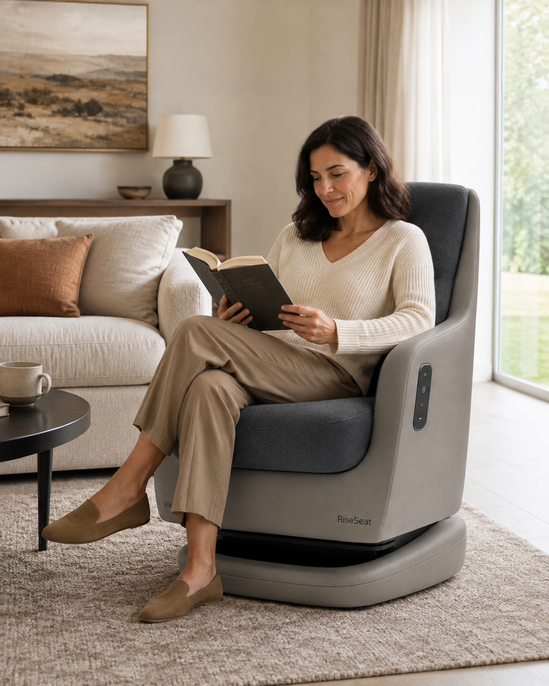 Persona leyendo en RiseSeat RS3 en una zona de descanso del hogar.